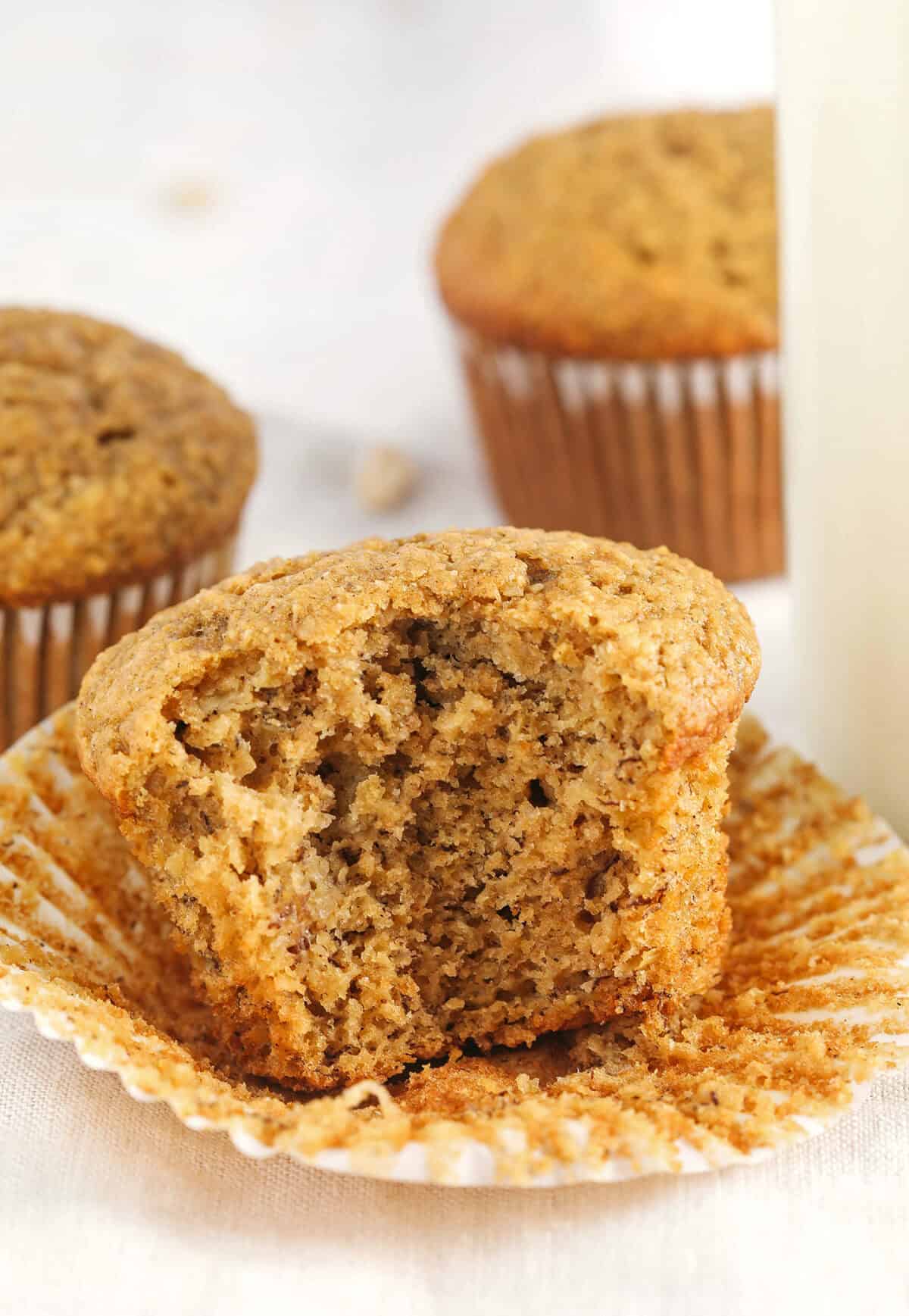 These Healthy Banana Bran Muffins are moist, fluffy, and made healthier with wholesome oat bran cereal, bananas and zero butter or added sugar.  Delicious quick on-the-go morning breakfast!