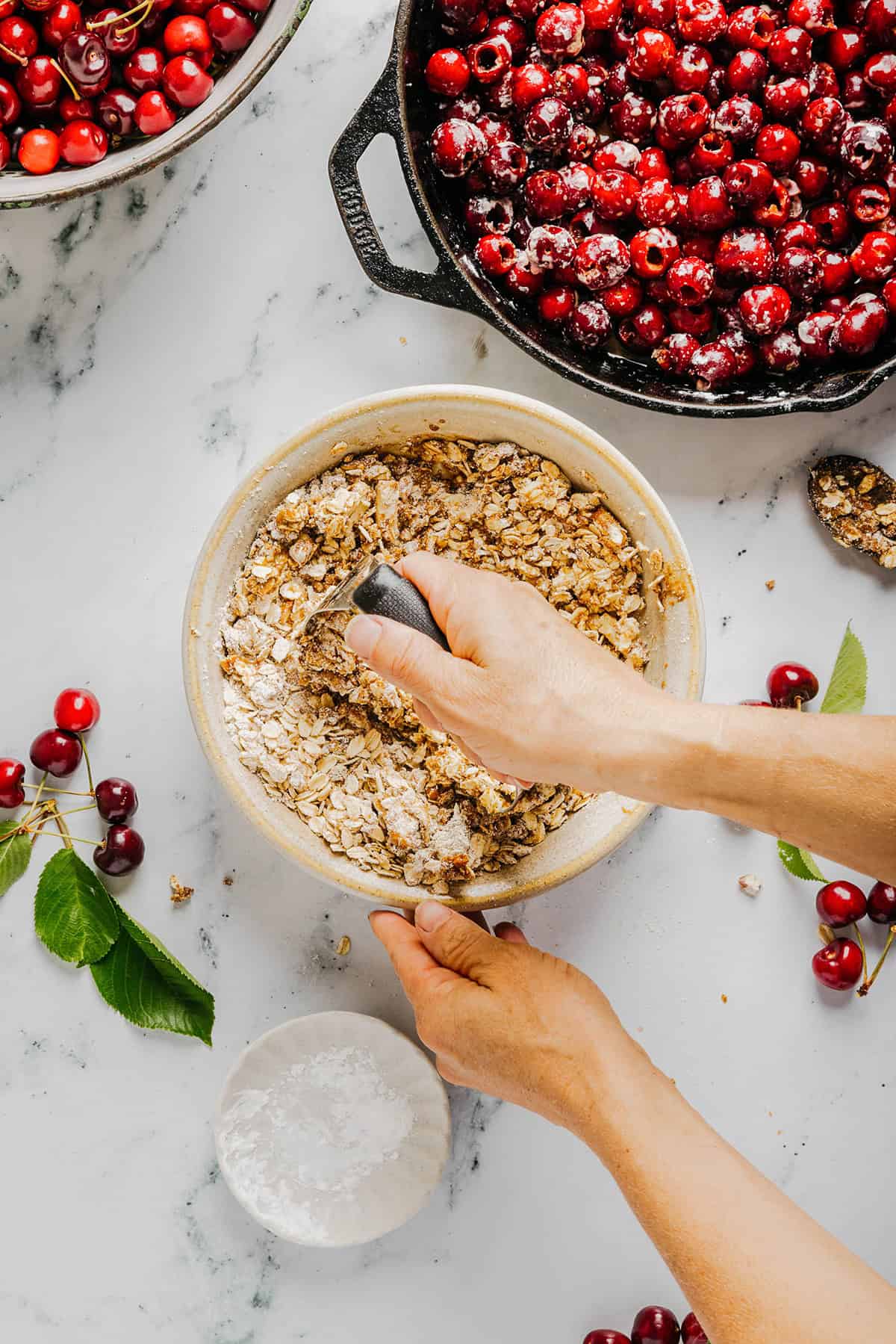 This Healthy Cherry Crisp is the ultimate summer dessert! Bursting with sweet cherries and a wholesome oat topping, this warm cherry crisp easily comes together with just a few simple ingredients!